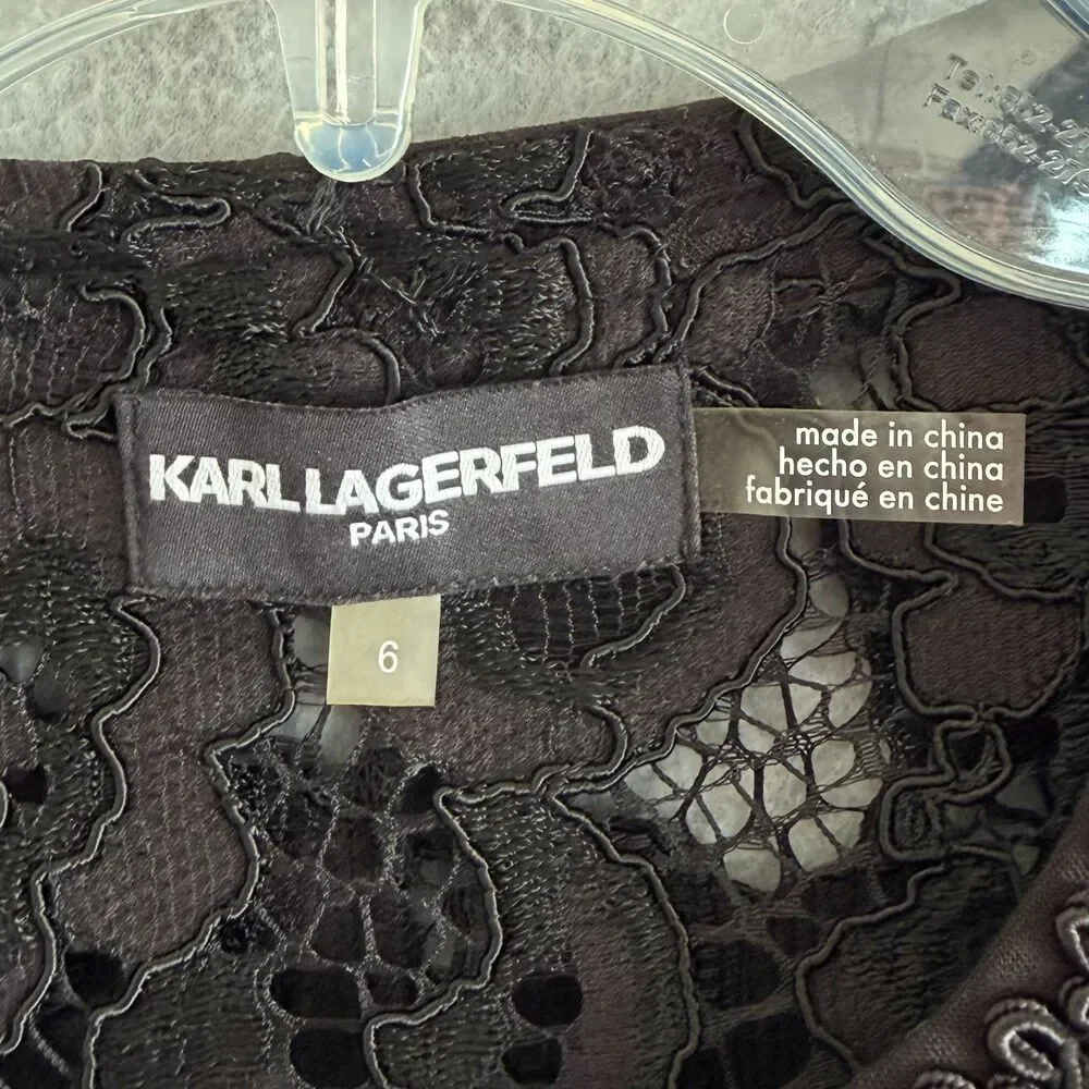 Karl Lagerfeld Black Lace Long Jacket Size 6 Elegant Tunic Dressy Topper Classic